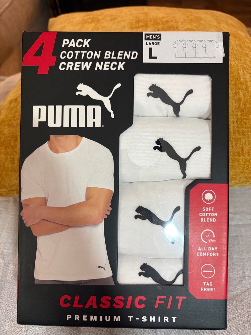 Puma Men's White 4-Pack Cotton Blend Crew Neck T-Shirts Size Large
